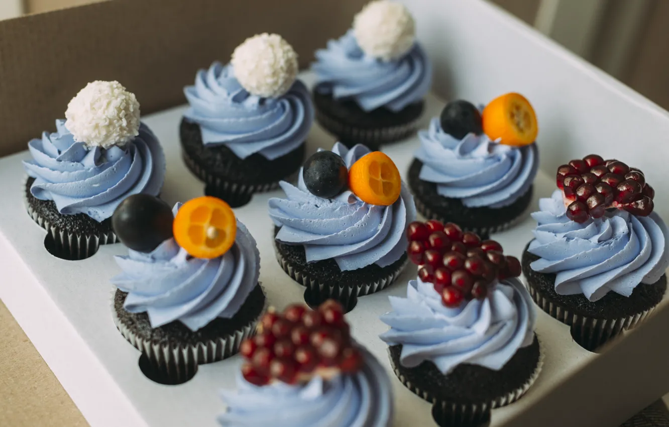 Photo wallpaper blue, candy, cake, cream, dessert, slices, tray, garnet