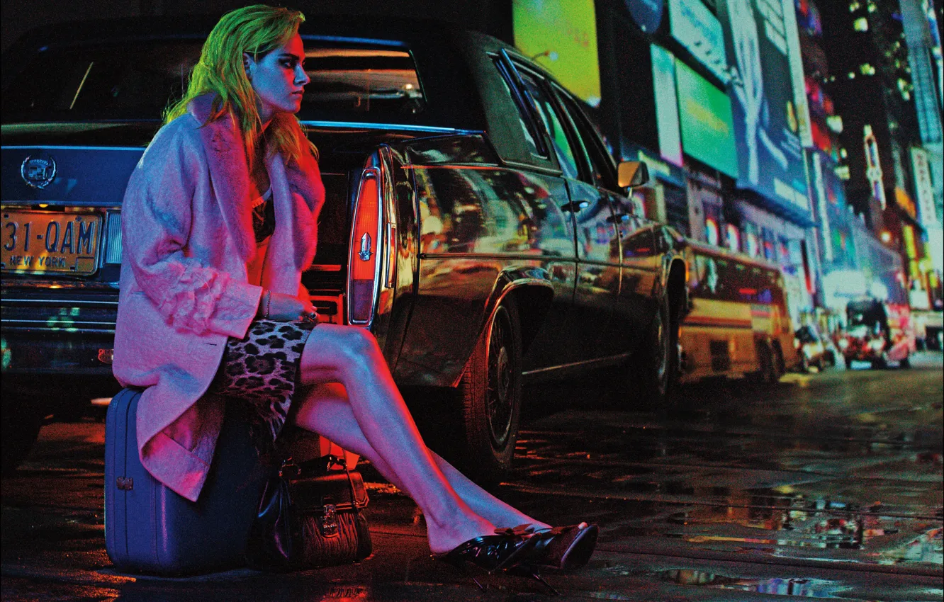 Photo wallpaper auto, night, the city, lights, street, model, skirt, actress