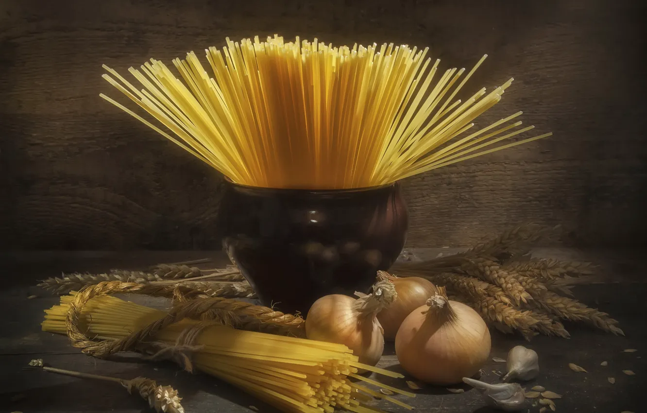 Photo wallpaper table, Board, rope, bow, fan, pot, ears, still life
