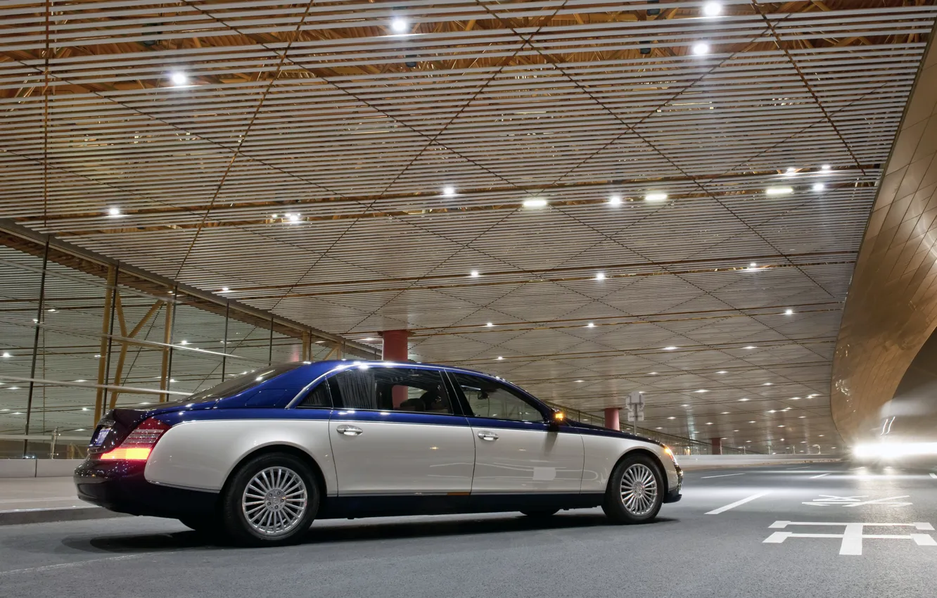 Photo wallpaper auto, light, night, blue, building, Maybach 62, Maybach, luxury