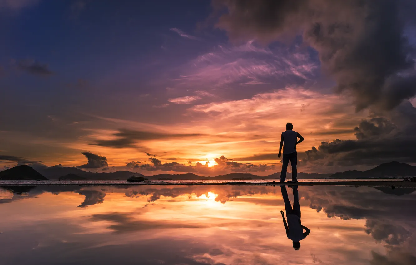 Photo wallpaper the sky, the sun, clouds, sunset, mountains, lake, reflection, horizon