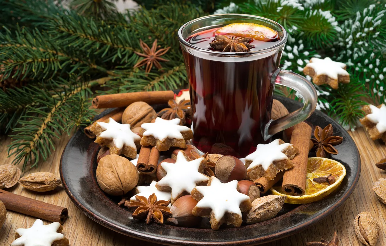Photo wallpaper tea, tree, New year, nuts, cinnamon, cakes