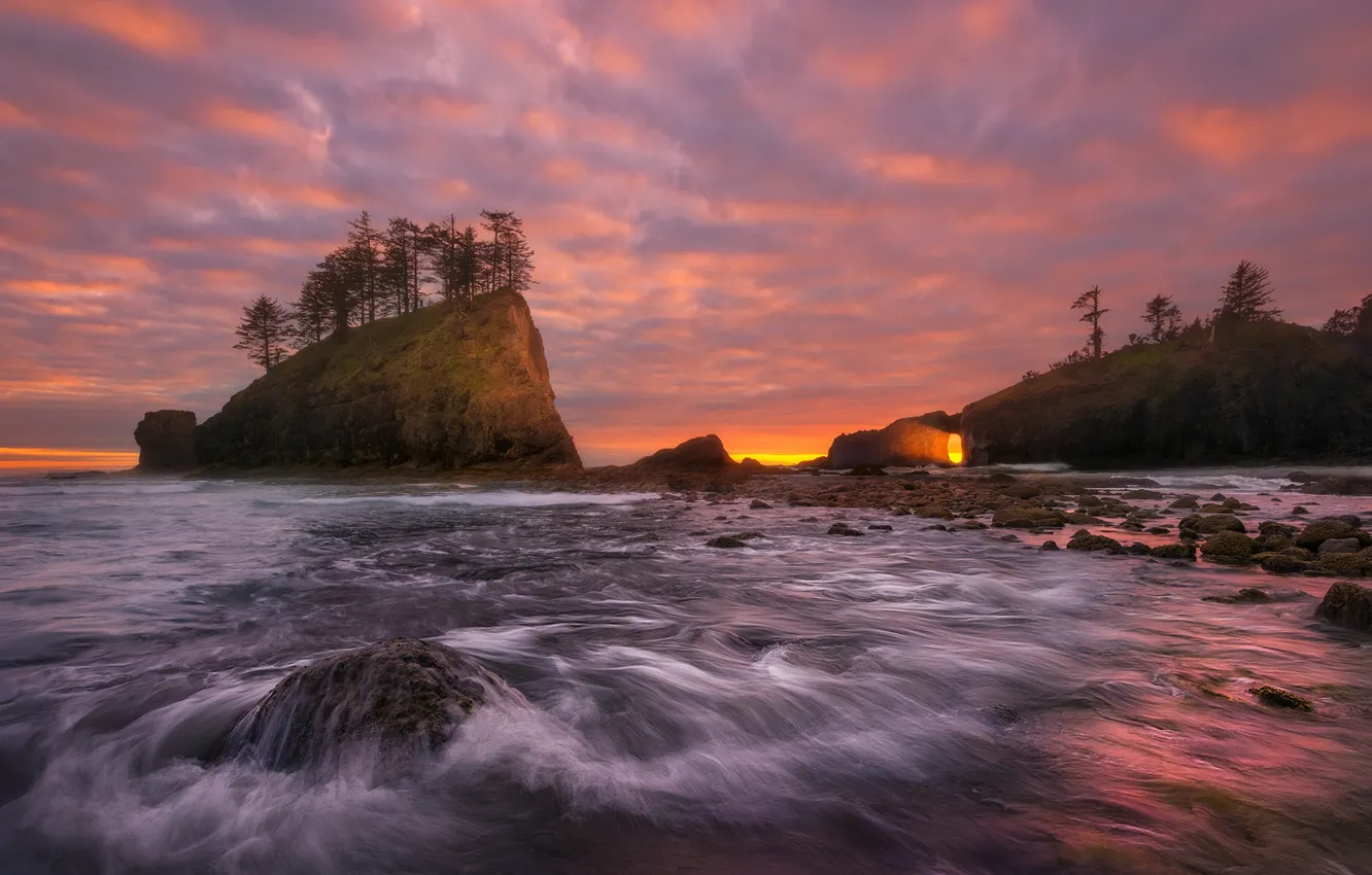 Photo wallpaper sea, clouds, light, stones, the ocean, rocks, shore