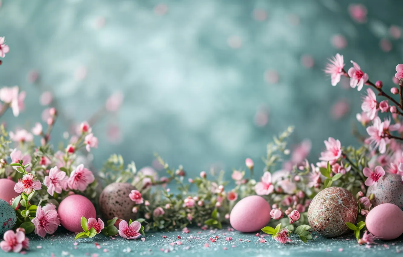 Photo wallpaper flowers, branches, cherry, holiday, eggs, blur, spring, Easter
