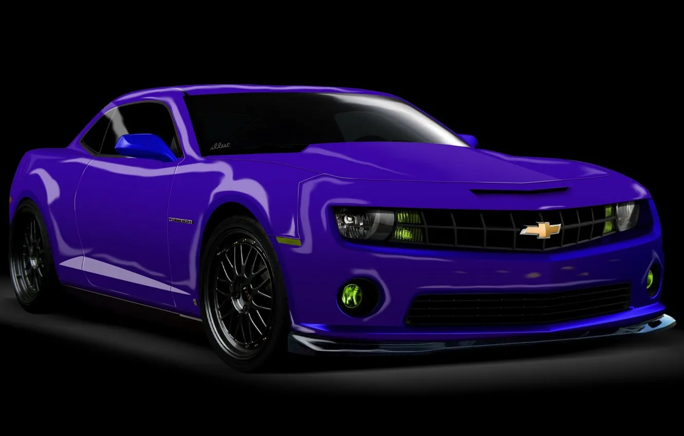 Photo wallpaper Chevrolet Camaro, Rendering, on a black background, purple car, picture 3D