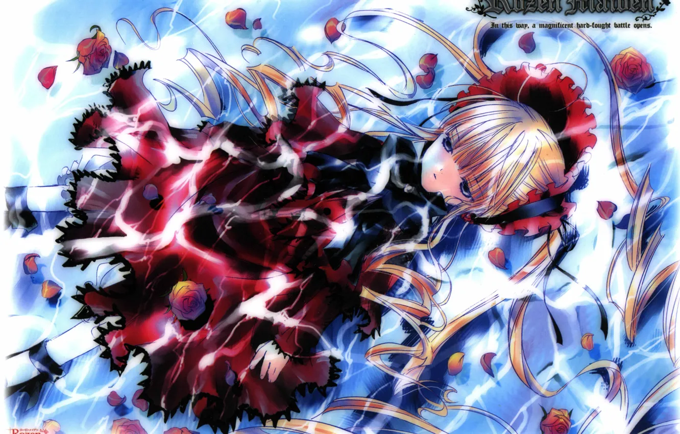 Photo wallpaper water, petals, rozen maiden, red roses, shinku, Kapor