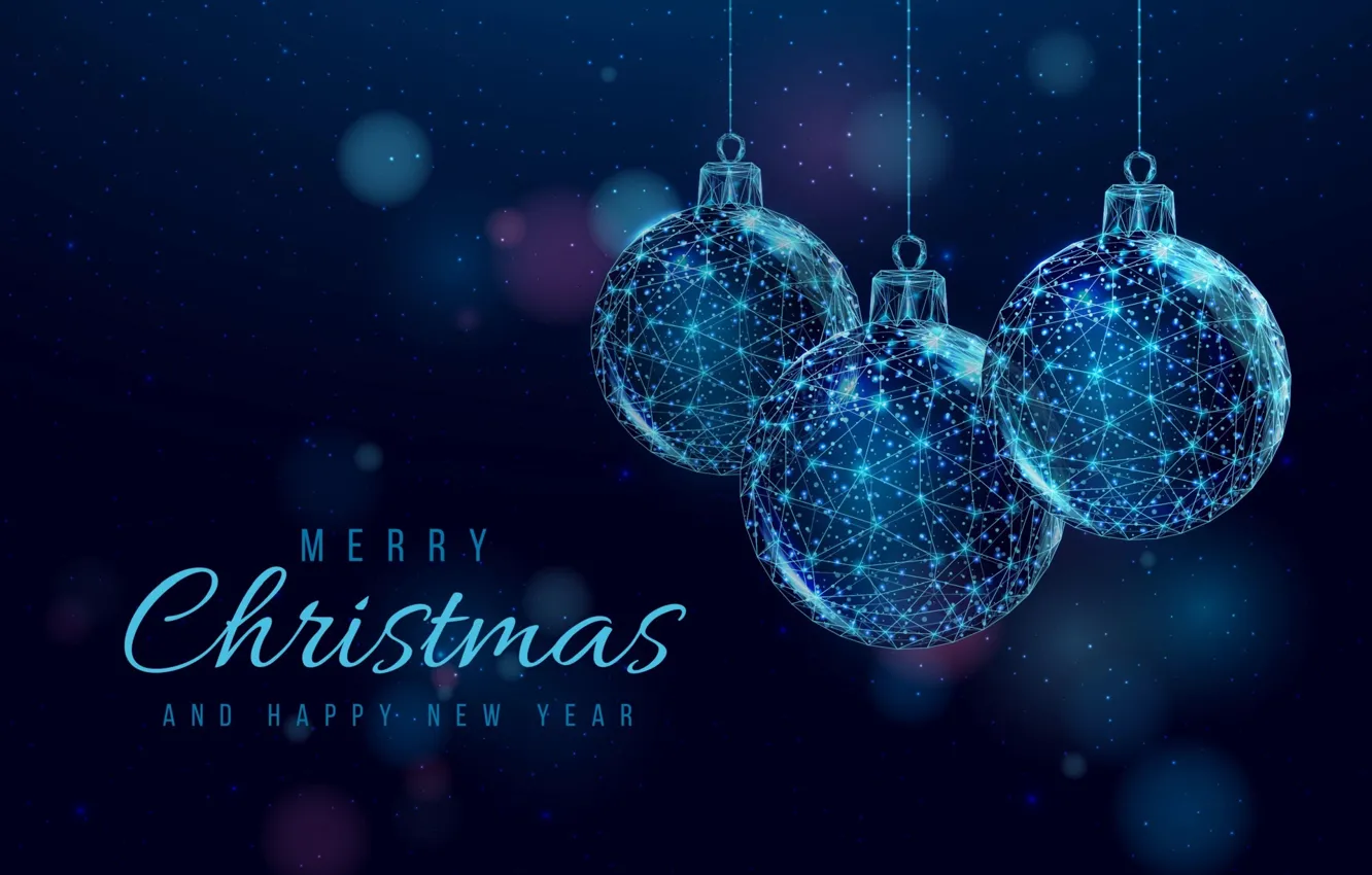 Photo wallpaper balls, the inscription, balls, network, new year, Christmas, trio, blue background