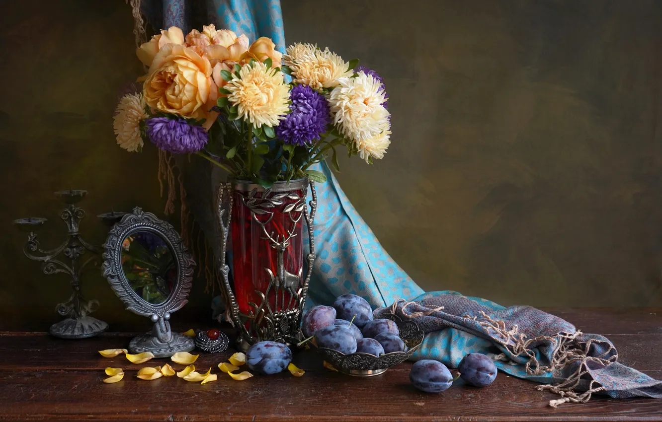 Photo wallpaper flowers, table, roses, beauty, vase, fruit, still life, asters