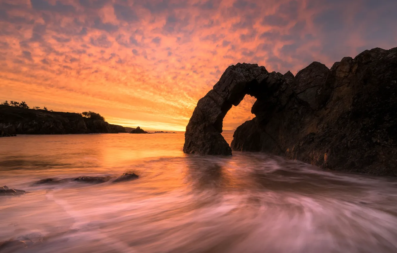 Photo wallpaper sea, the sky, clouds, light, sunset, nature, rocks, shore