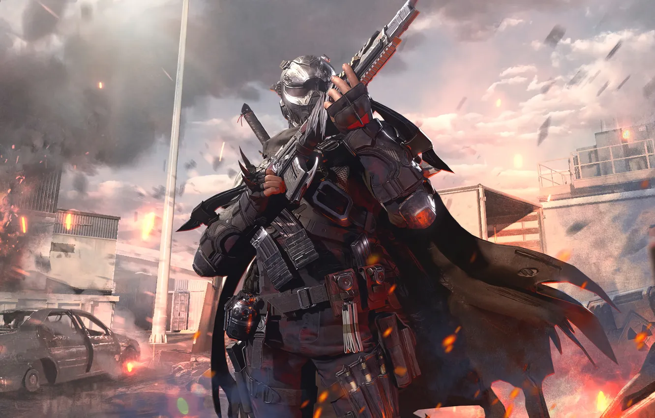 Photo wallpaper the sky, clouds, smoke, destruction, Call of Duty, game, protective suit, sky