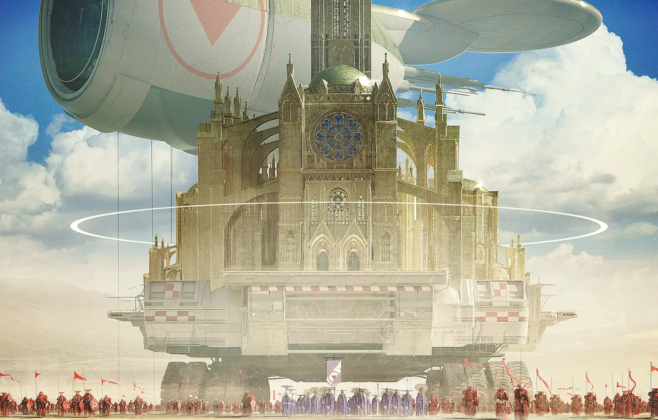 Photo wallpaper fantasy, cathedral, sky, science fiction, clouds, spaceship, army, sci-fi