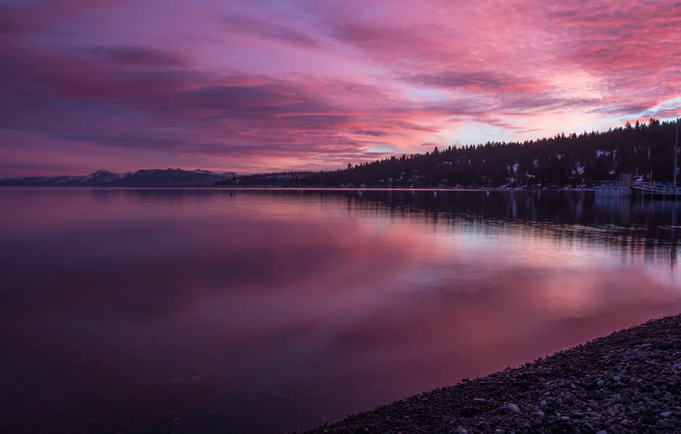 Photo wallpaper forest, sunset, clouds, nature, shore, USA, California, lake Tahoe