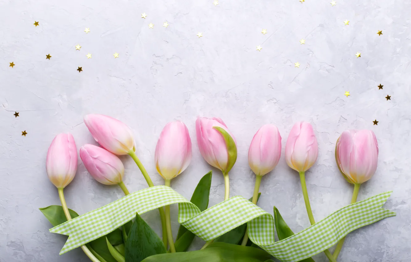 Photo wallpaper flowers, bouquet, tape, tulips, pink, fresh, pink, flowers