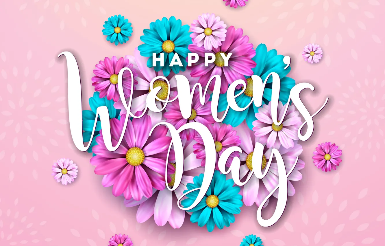 Photo wallpaper flowers, happy, March 8, blue, pink, flowers, postcard, spring, celebration, women's day, 8 march, women's …