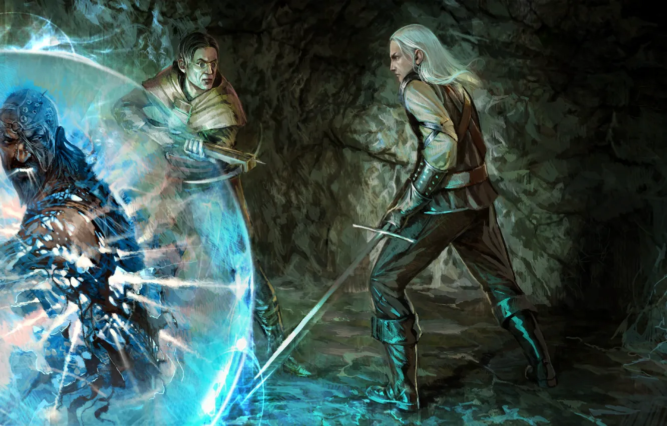Photo wallpaper magic, sword, art, the witcher, cave, the Witcher, men, the sorcerer