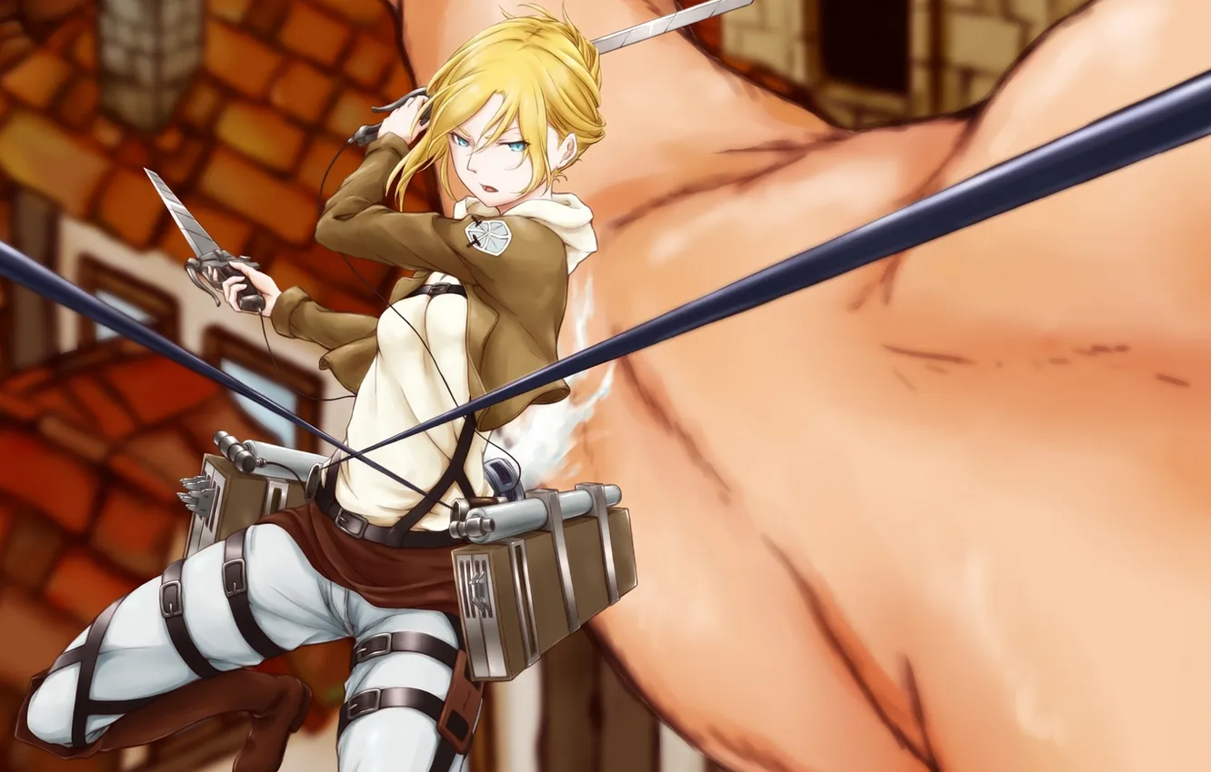 Photo wallpaper girl, flight, anger, soldiers, destruction, giant, art, blade