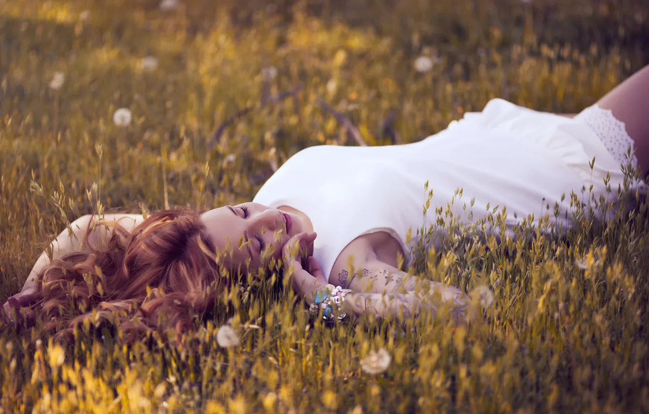 Photo wallpaper summer, grass, girl, hair, tattoo, lies, red, curls
