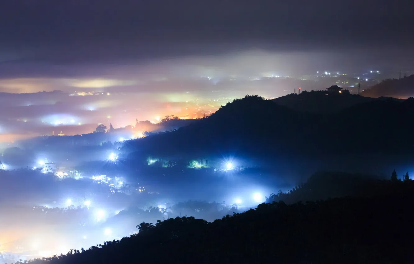 Photo wallpaper landscape, night, the city, fog