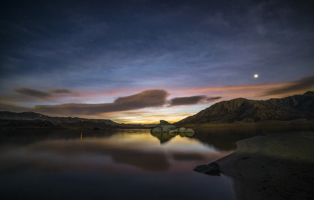 Photo wallpaper the sky, stars, sunset, mountains, lake