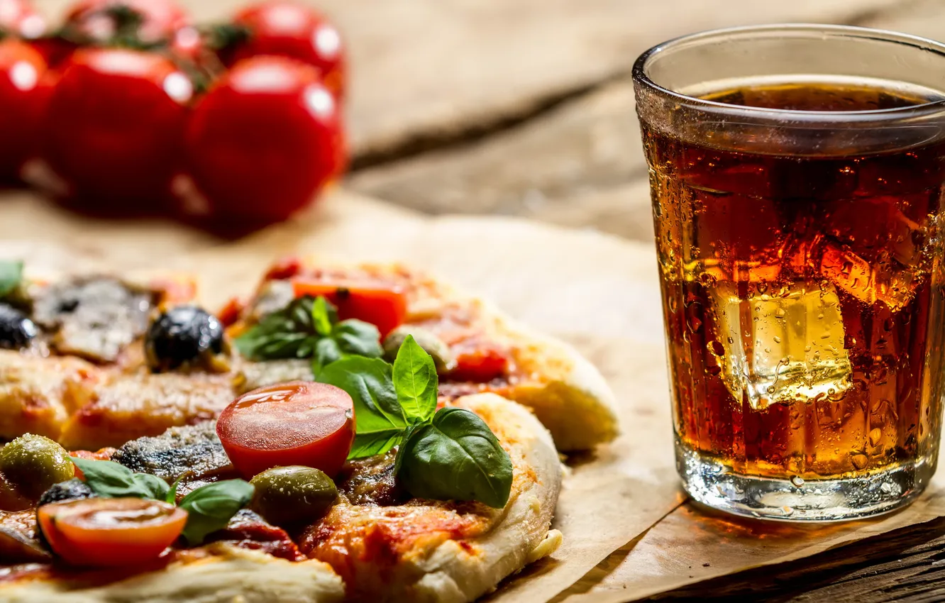 Photo wallpaper food, Homemade pizza, cold Cola