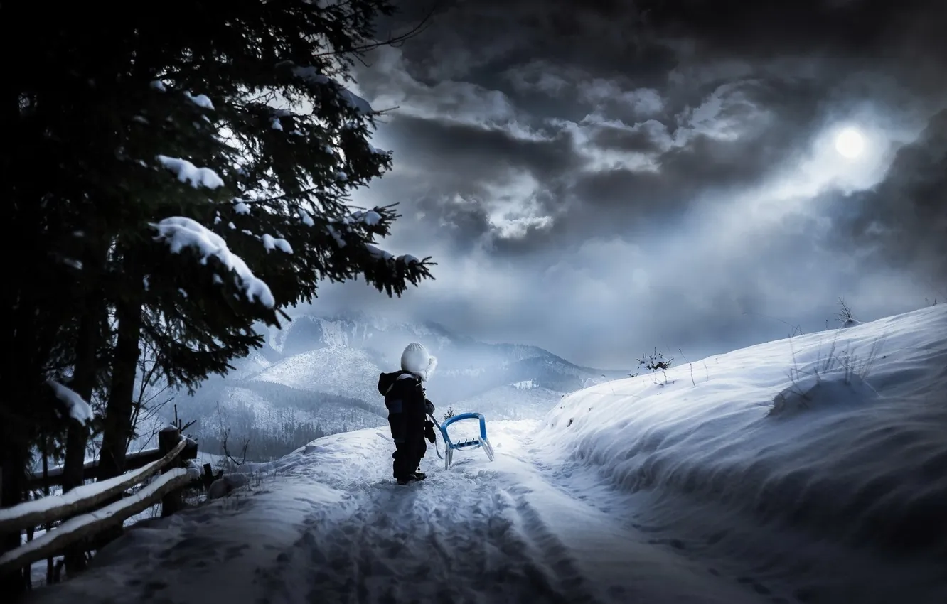 Photo wallpaper winter, boy, sled