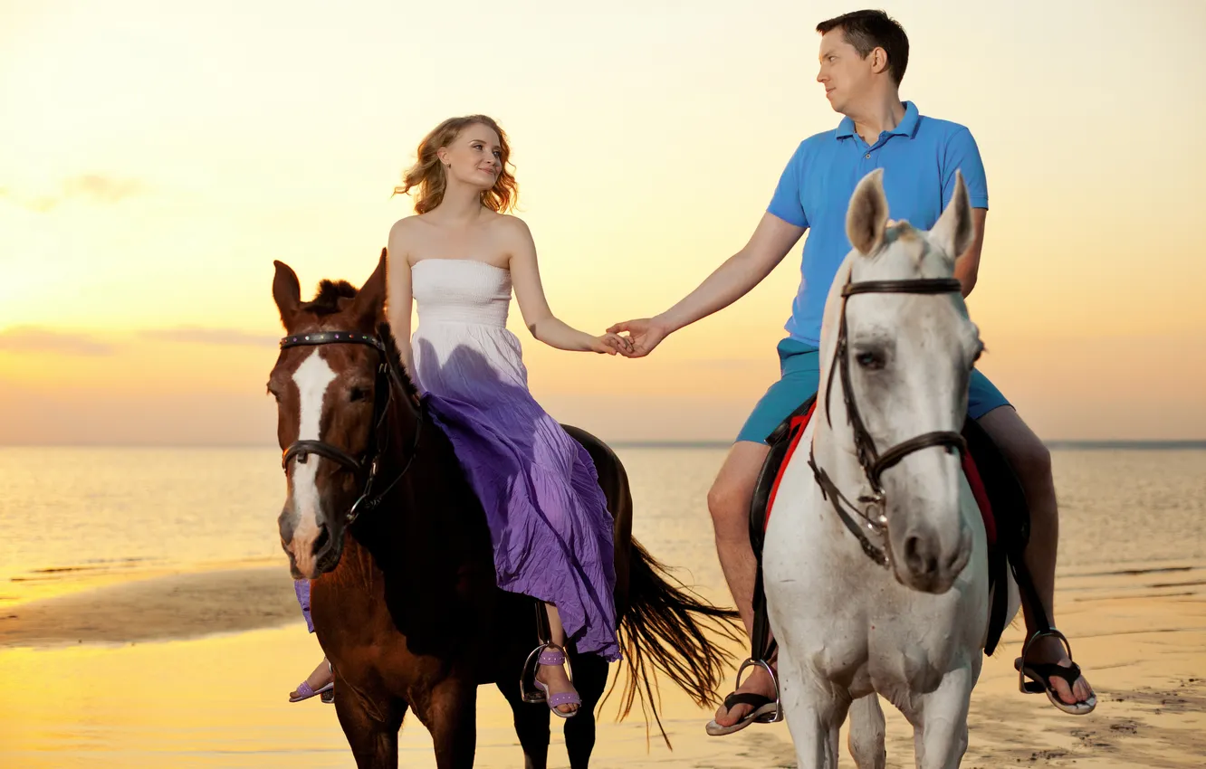 Photo wallpaper sea, girl, coast, horse, guy