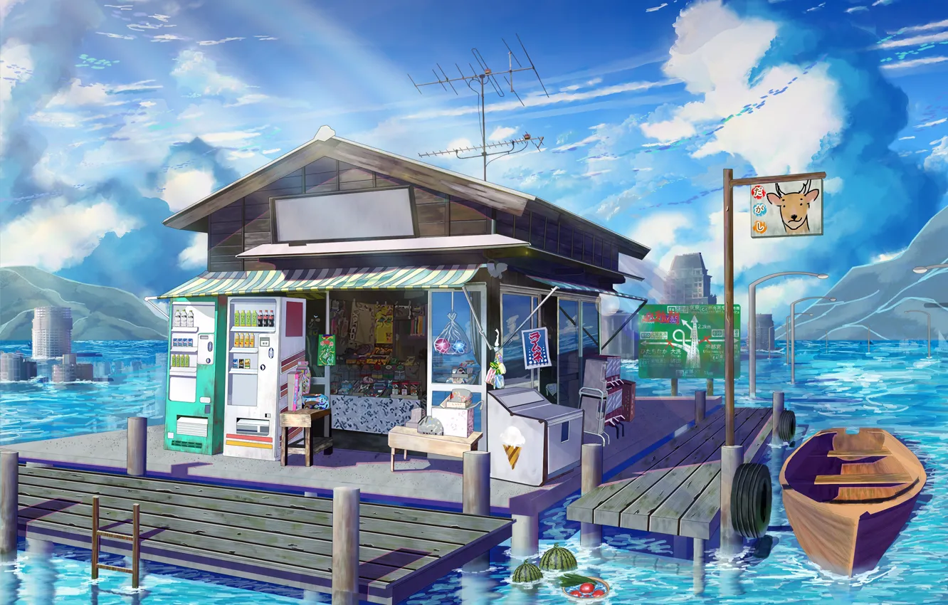 Photo wallpaper boat, shop, a house on the water