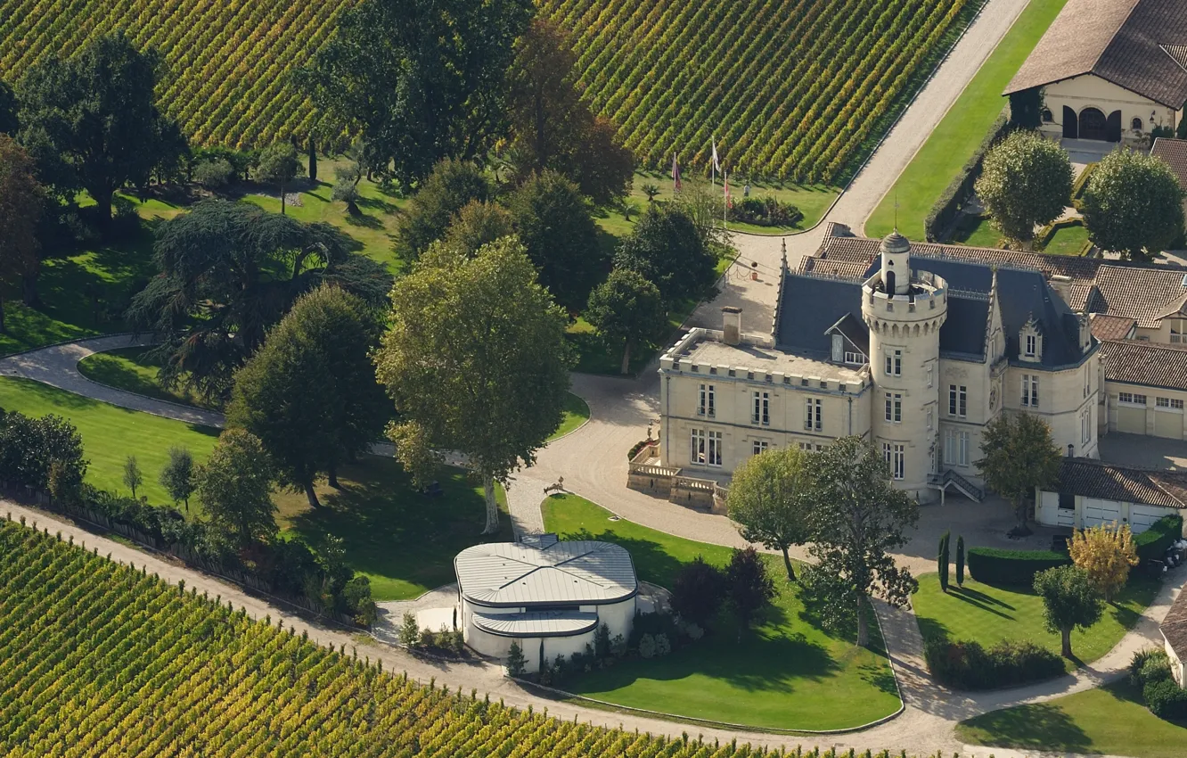 Photo wallpaper field, castle, France, vineyard, Bordelais, Château Pape Clément