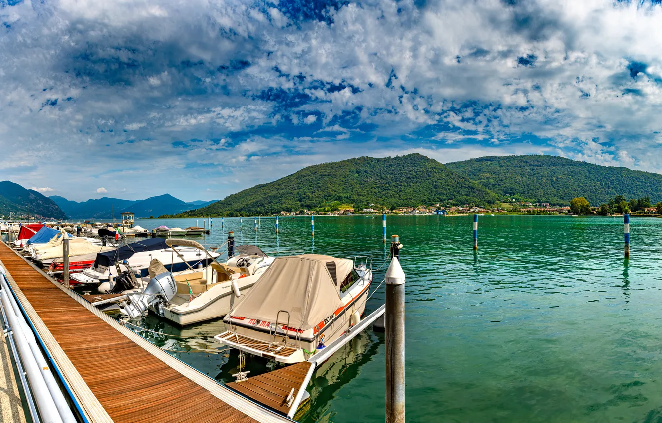 Photo wallpaper clouds, mountains, lake, boat, panorama, promenade, Lago d'iseo