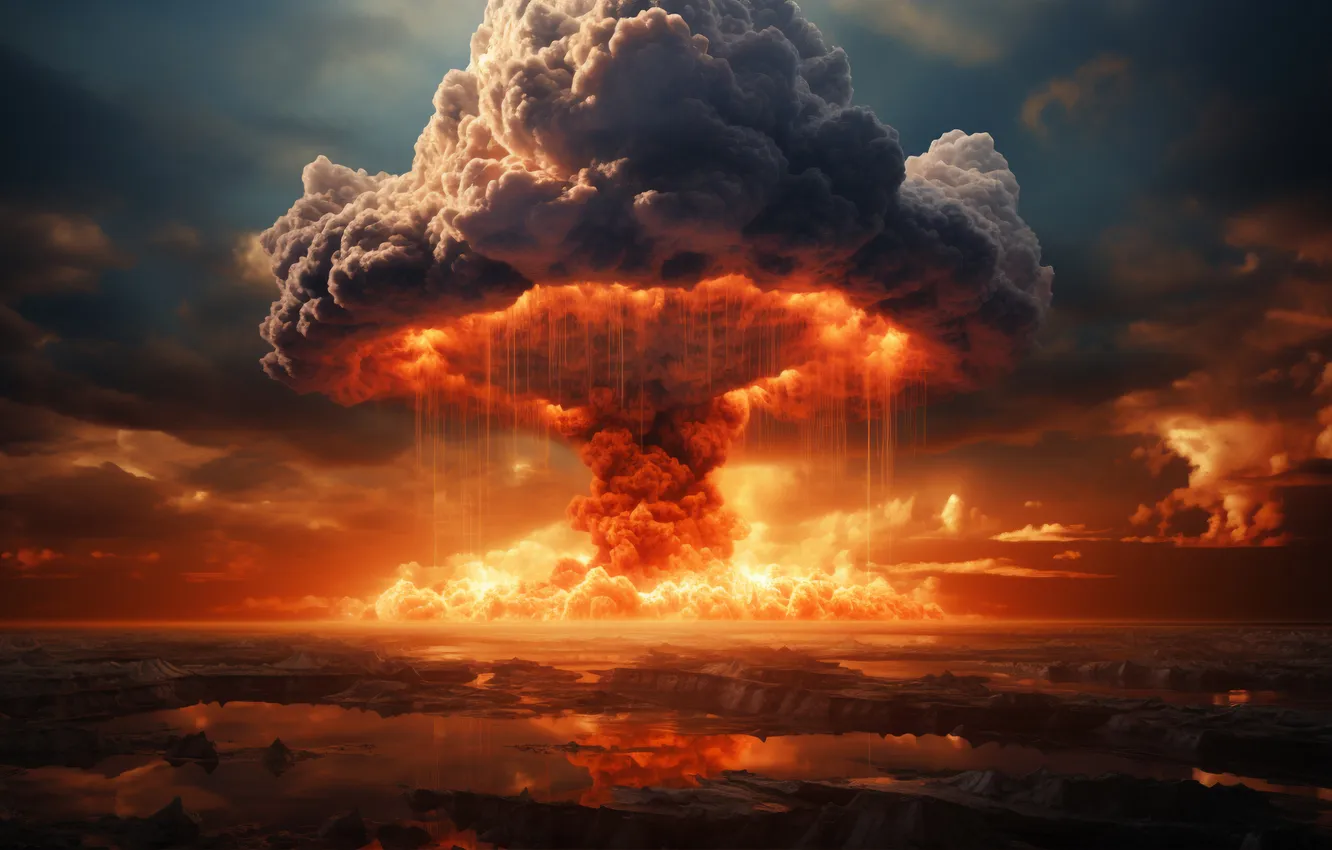 Photo wallpaper clouds, the explosion, mushrooms, a nuclear explosion, digital art, nuclear weapons, AI art, The Art …
