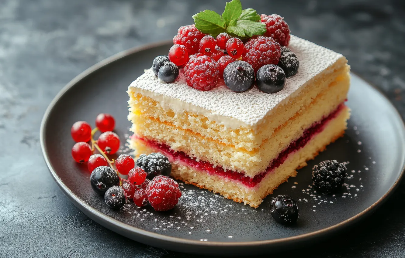 Photo wallpaper berries, raspberry, blueberries, plate, cake, cake, currants, layer