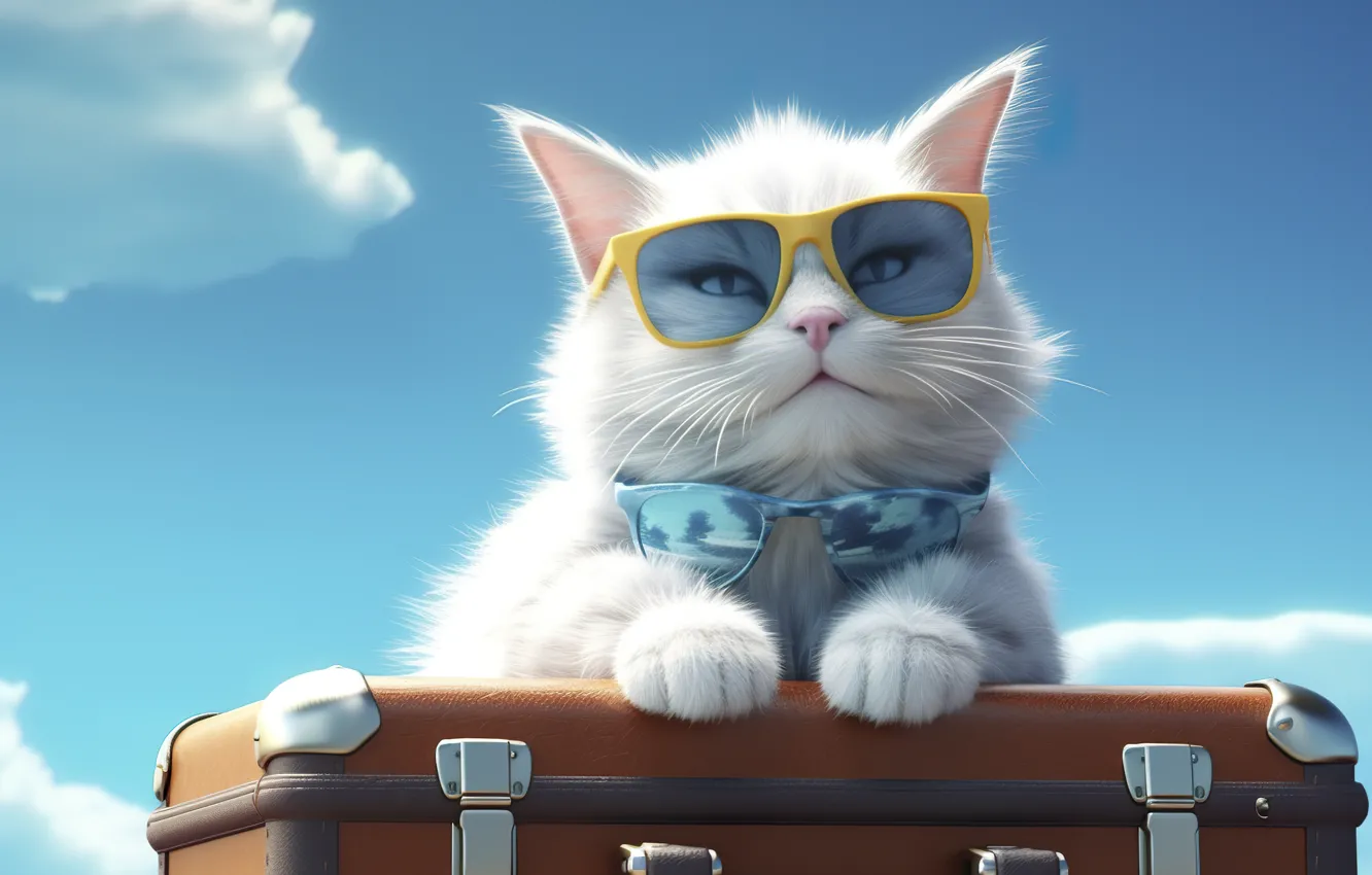 Photo wallpaper cat, white, summer, the sky, cat, look, clouds, pose
