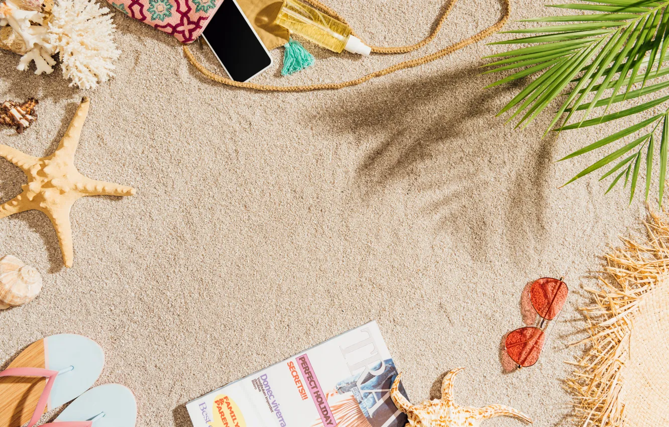 Photo wallpaper sand, beach, summer, stay, vacation, hat, glasses, shell