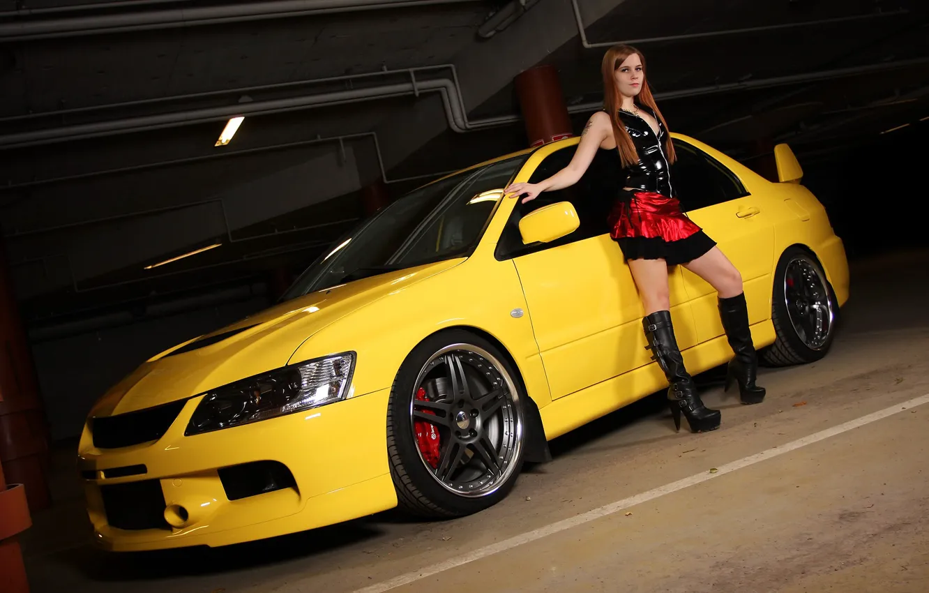 Photo wallpaper girl, Mitsubishi, Parking, lancer, yellow Lancer