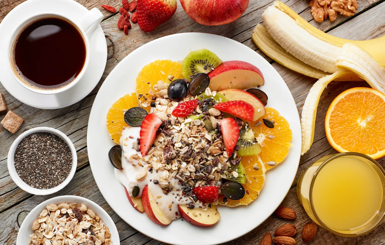 Photo wallpaper berries, coffee, Breakfast, fruit, nuts, muesli, cereal