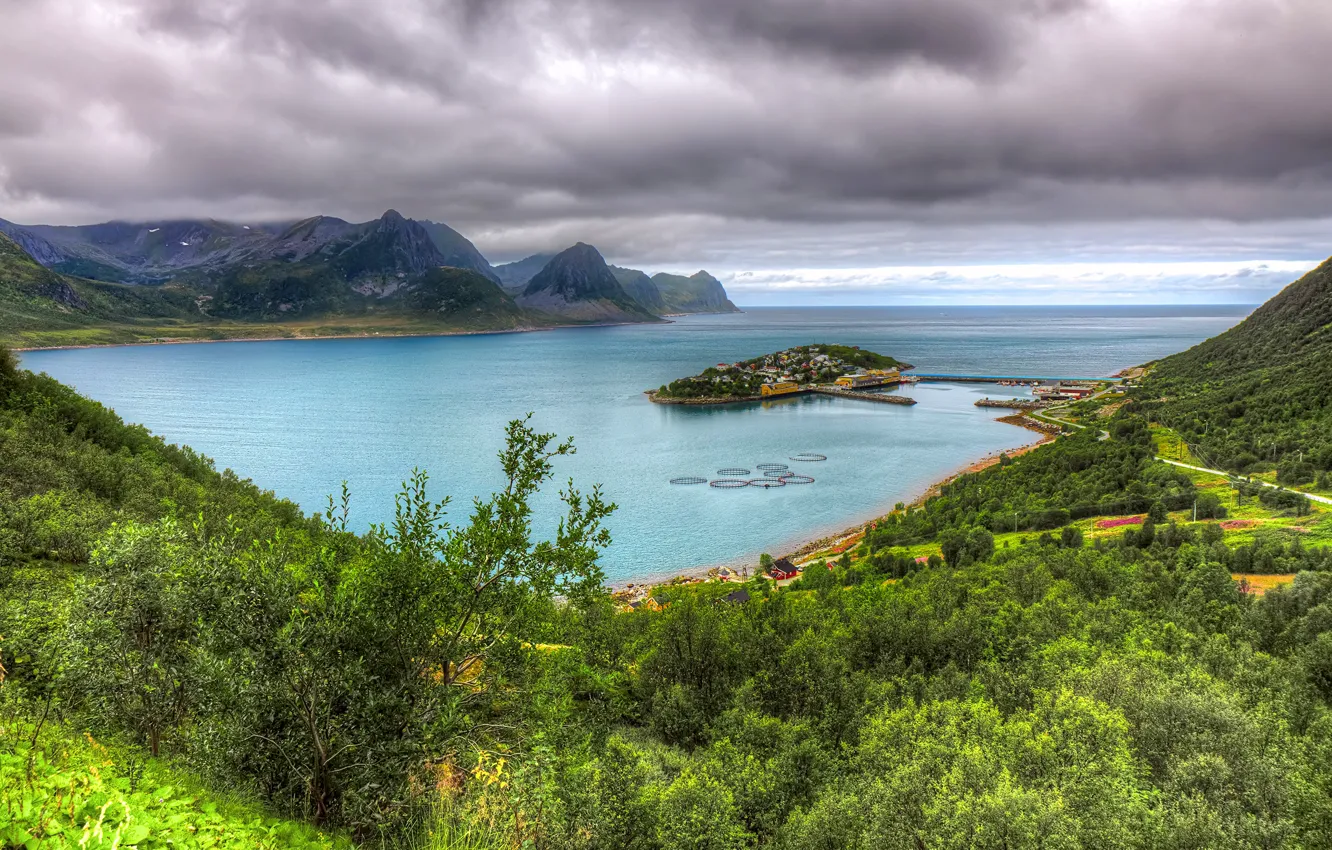 Photo wallpaper sea, greens, trees, mountains, clouds, coast, island, HDR