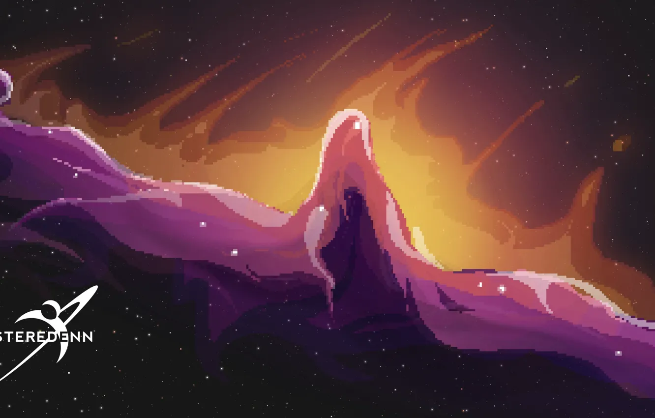 Photo wallpaper purple, stars, orange, yellow, nebula, lights, black, dark