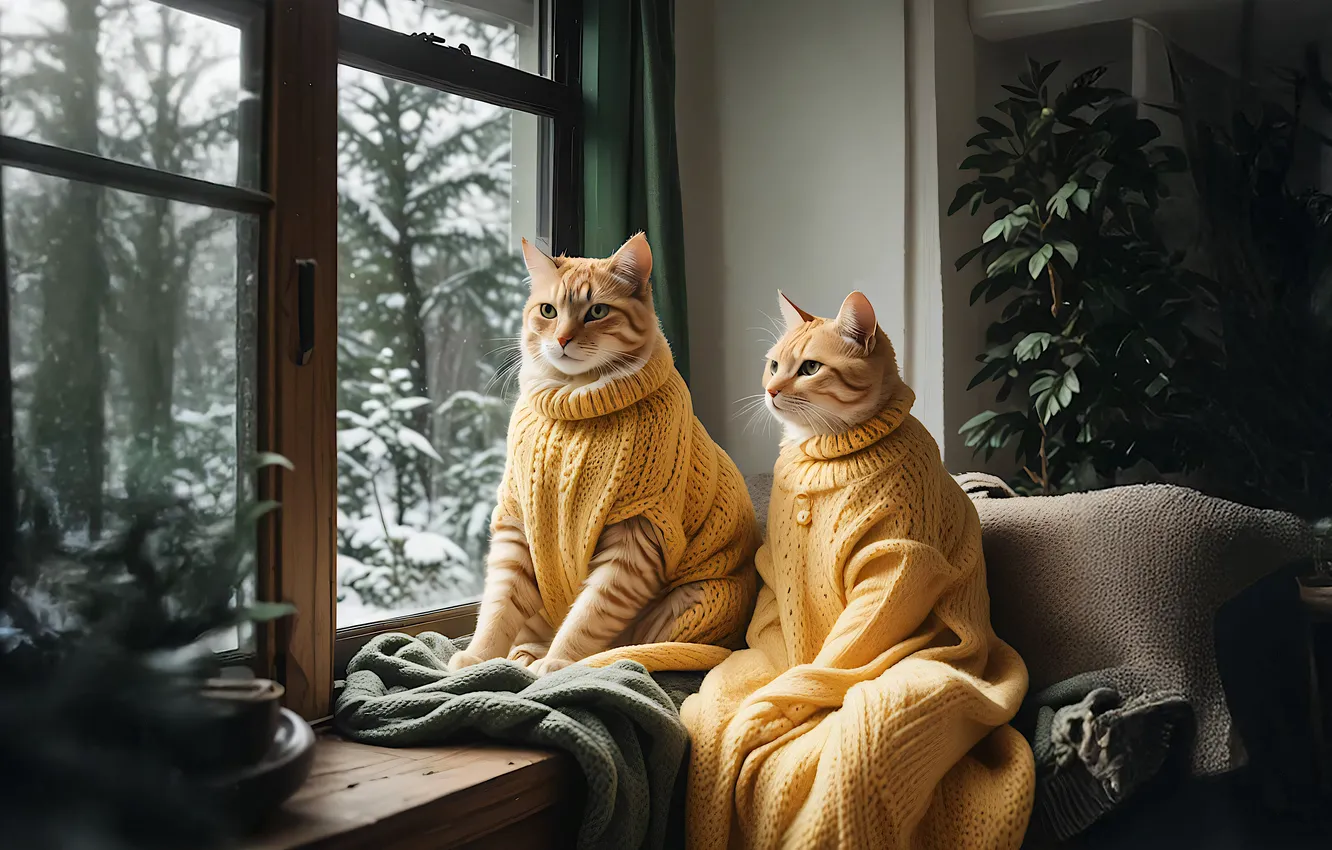 Photo wallpaper winter, cat, cat, look, snow, pose, room, new year