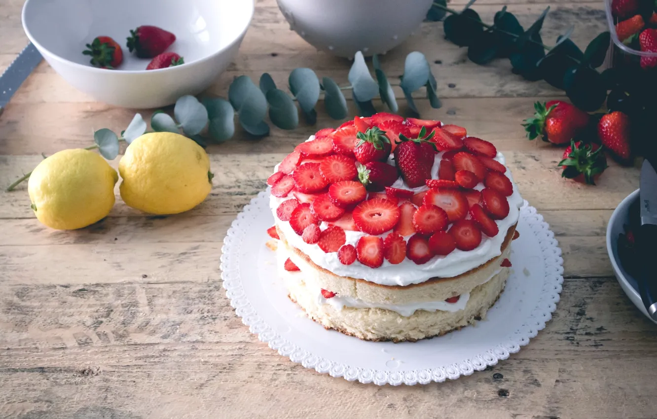 Photo wallpaper strawberry, cake, dessert, lemons