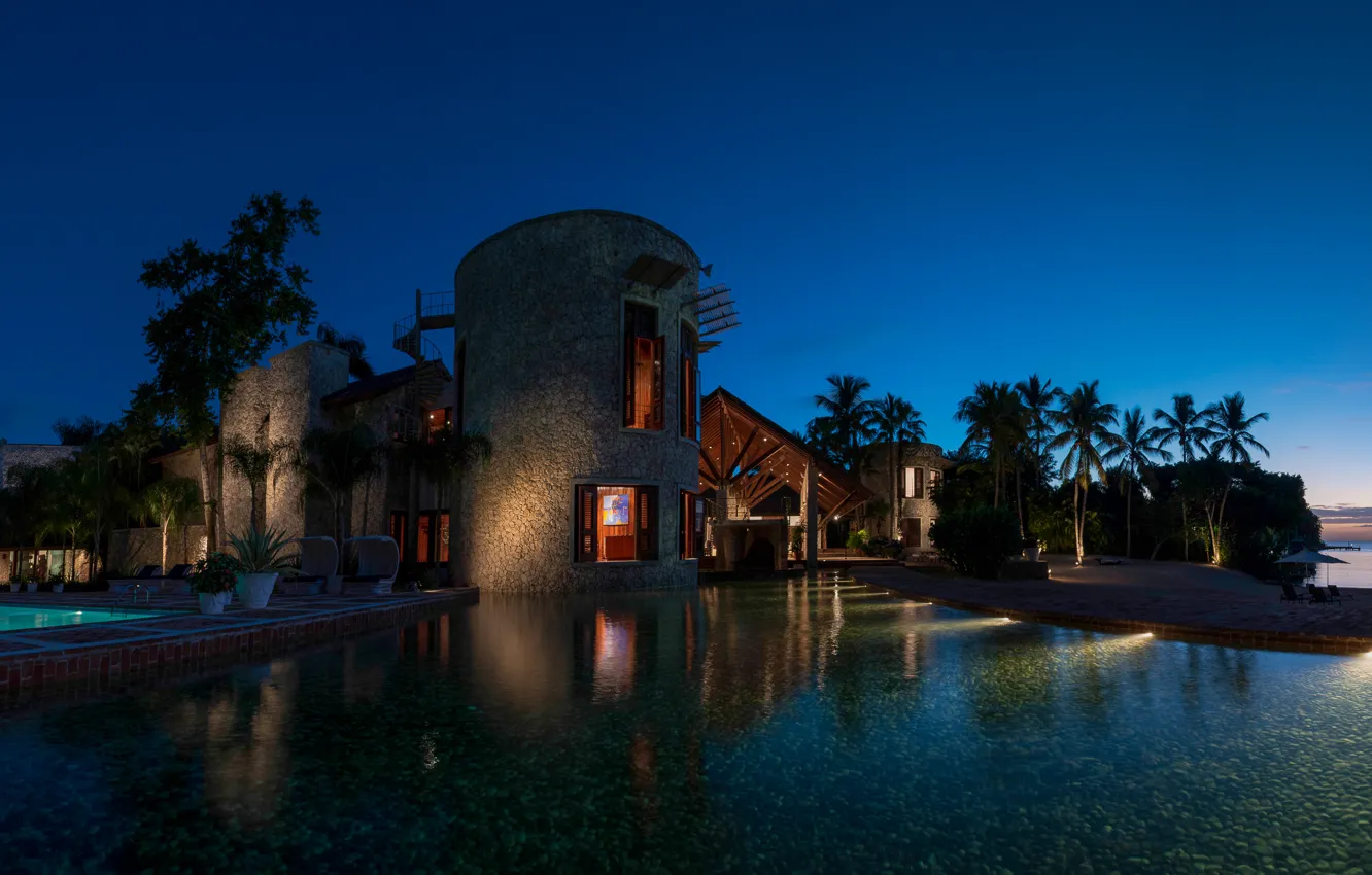 Wallpaper night, palm trees, the ocean, Villa, pool, architecture for ...
