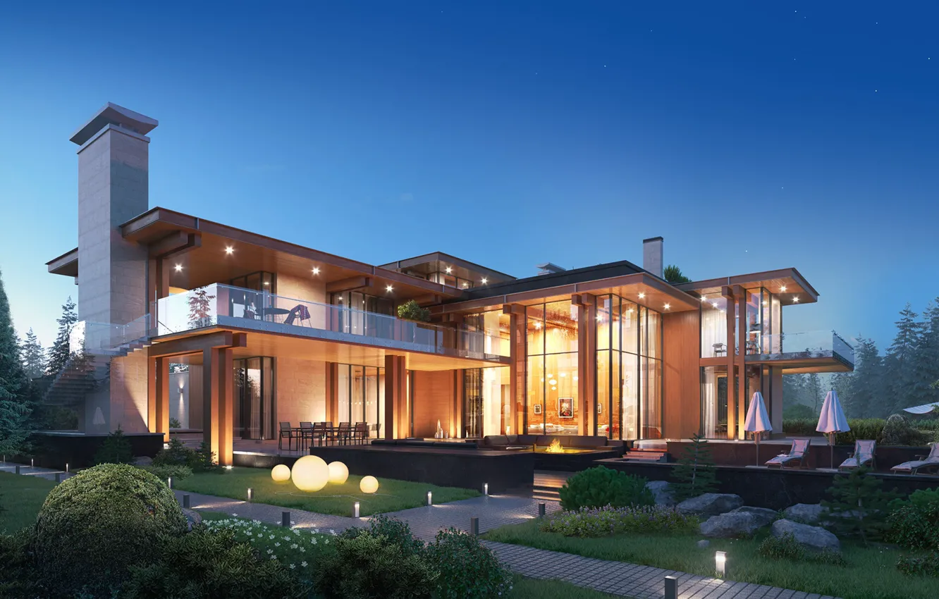 Photo wallpaper umbrella, lights, track, structure, Visualization of the Villa