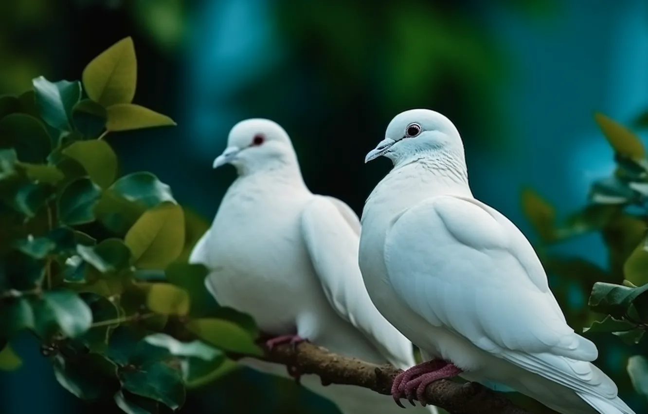 Photo wallpaper white, look, leaves, branches, nature, pose, bird, pigeons