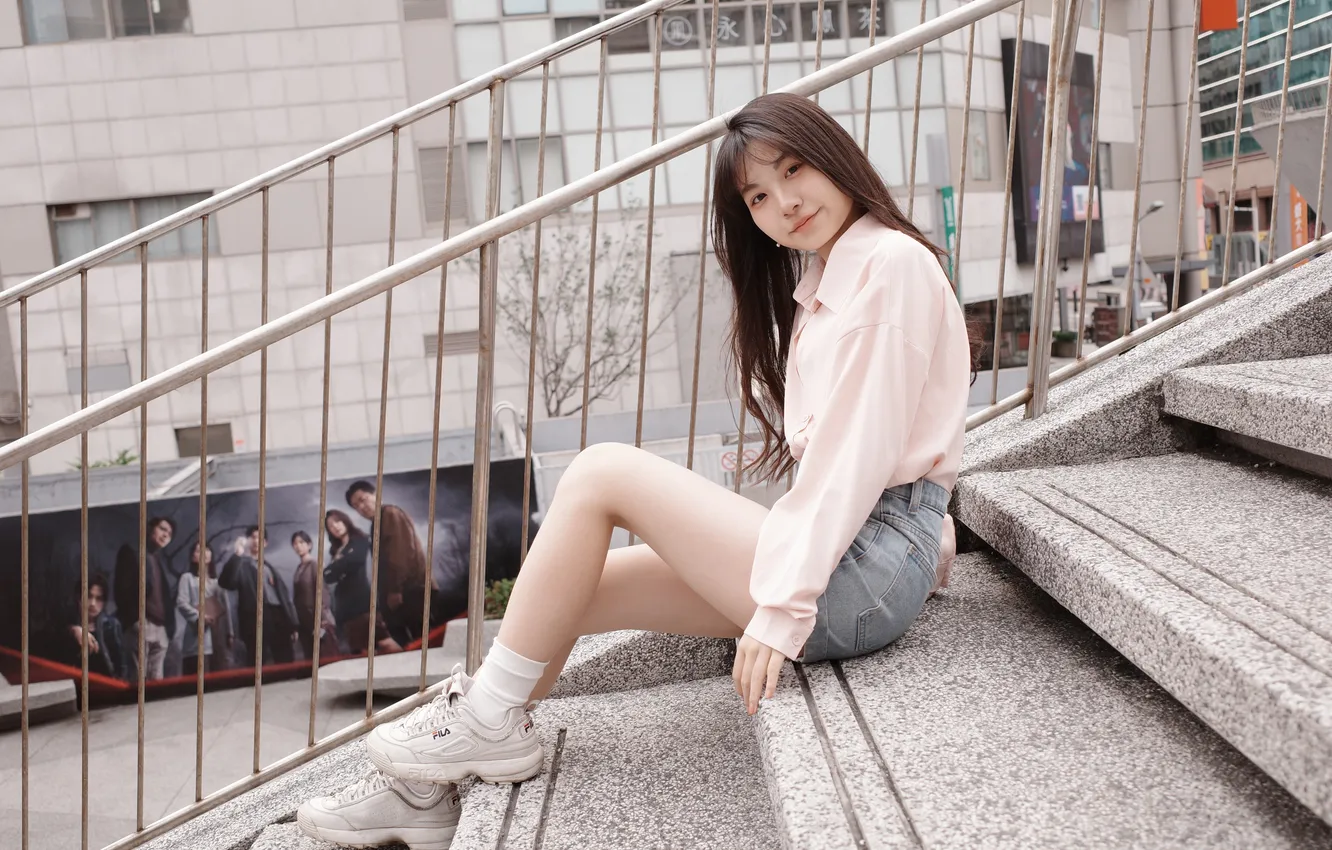 Photo wallpaper shorts, woman, beautiful, model, sweet, asian, adorable, sneakers