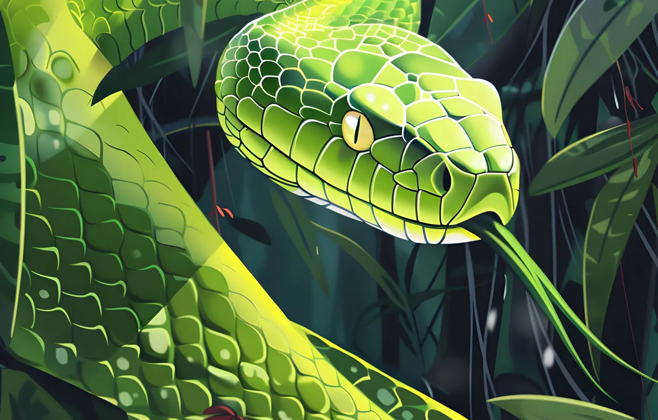 Photo wallpaper language, look, face, leaves, animal, snake, art, reptile