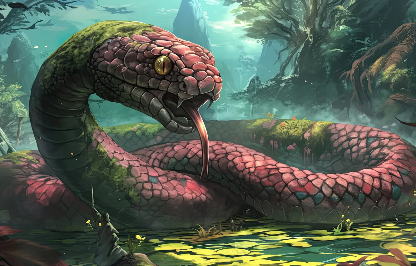 Photo wallpaper language, face, trees, mountains, animal, snake, fangs, MAG