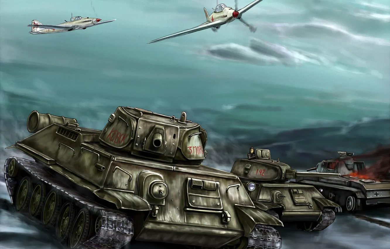 Photo wallpaper war, figure, battle, art, tanks, aircraft, offensive, T-34-76