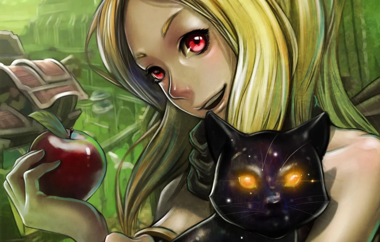 Photo wallpaper cat, cat, girl, black, apples, art, monkey, gravity daze