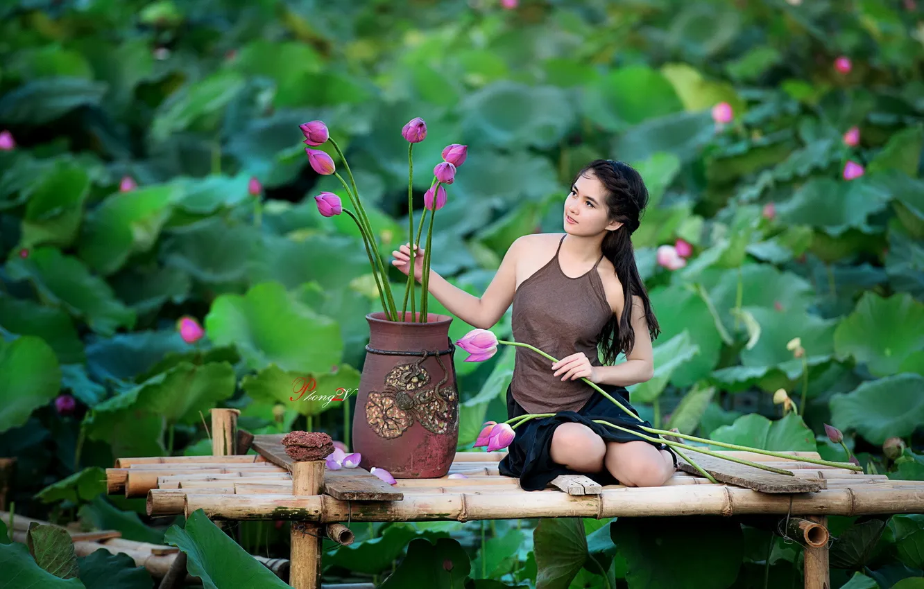 Photo wallpaper girl, flowers, nature, Asian