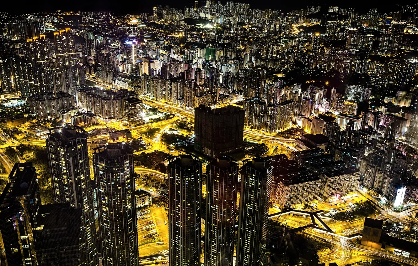 Photo wallpaper night, lights, Hong Kong