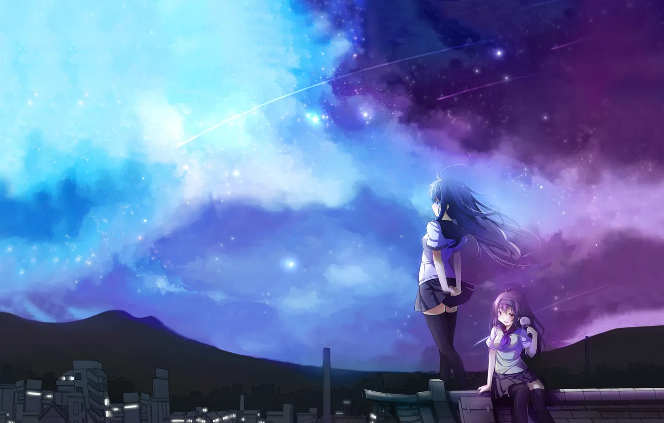 Photo wallpaper the sky, girl, stars, clouds, the city